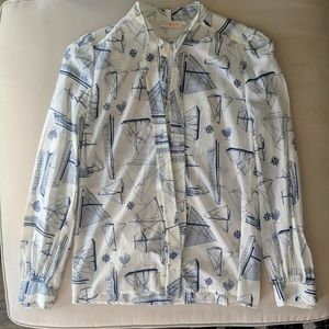 Tory Burch Kia Tie Neck Sailboat Print Blouse Like New Cream Blue Size 4